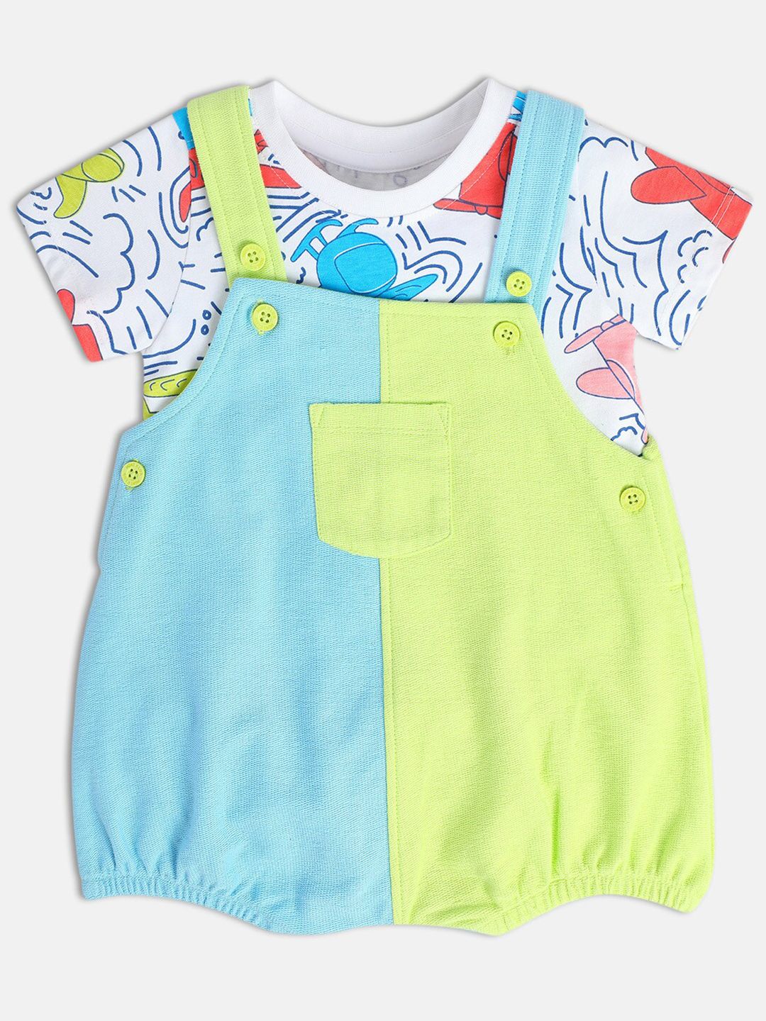 MINI KLUB Infant Boys Colourblocked Pure Cotton Dungarees with T-shirt-picture-26
