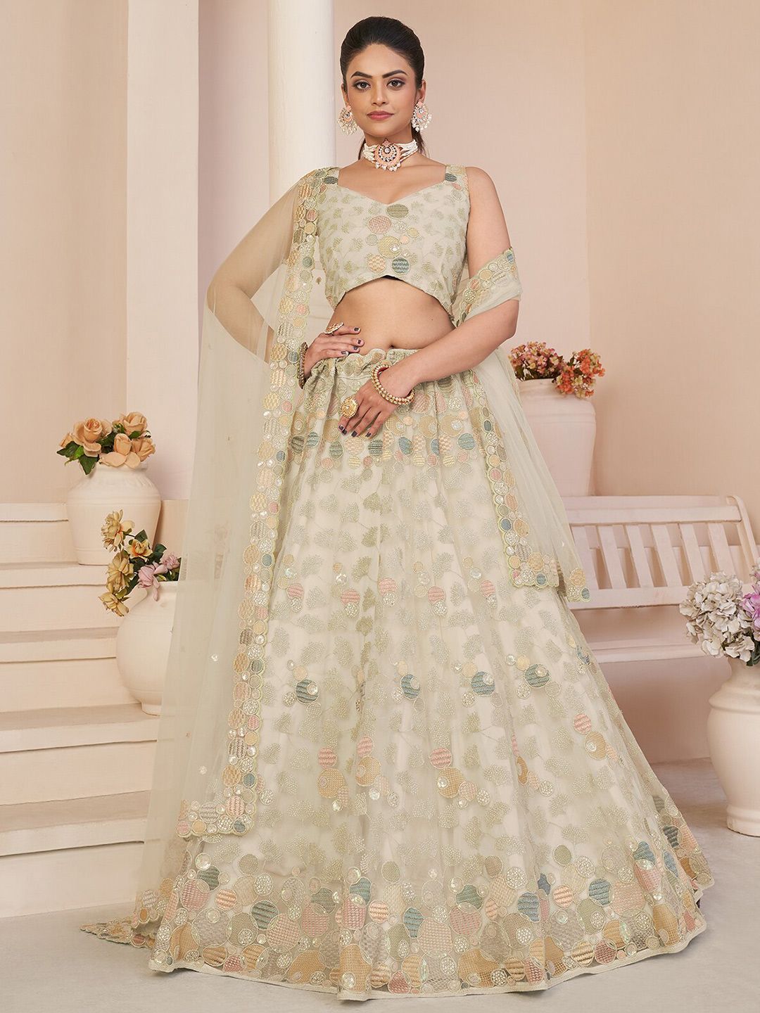 ODETTE Embroidered Sequinned Net Semi-Stitched Lehenga & Unstitched Blouse With Dupatta-image-28