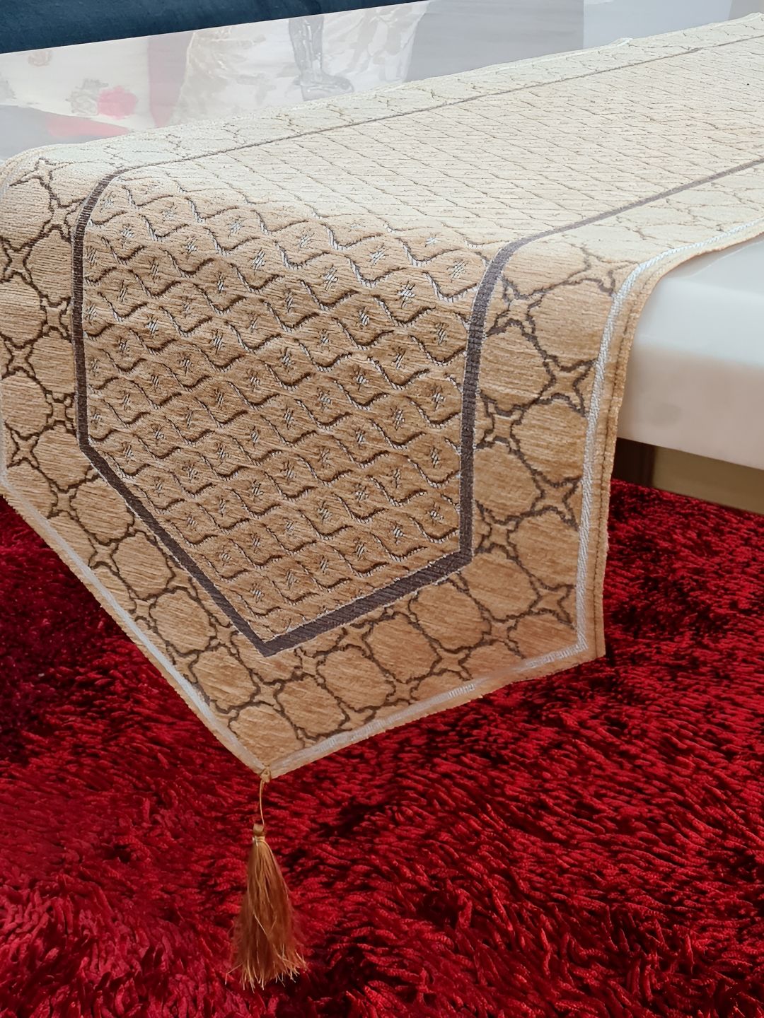 GROKI Beige Woven Design Pure Cotton Dining Centre Table Runner with tassel