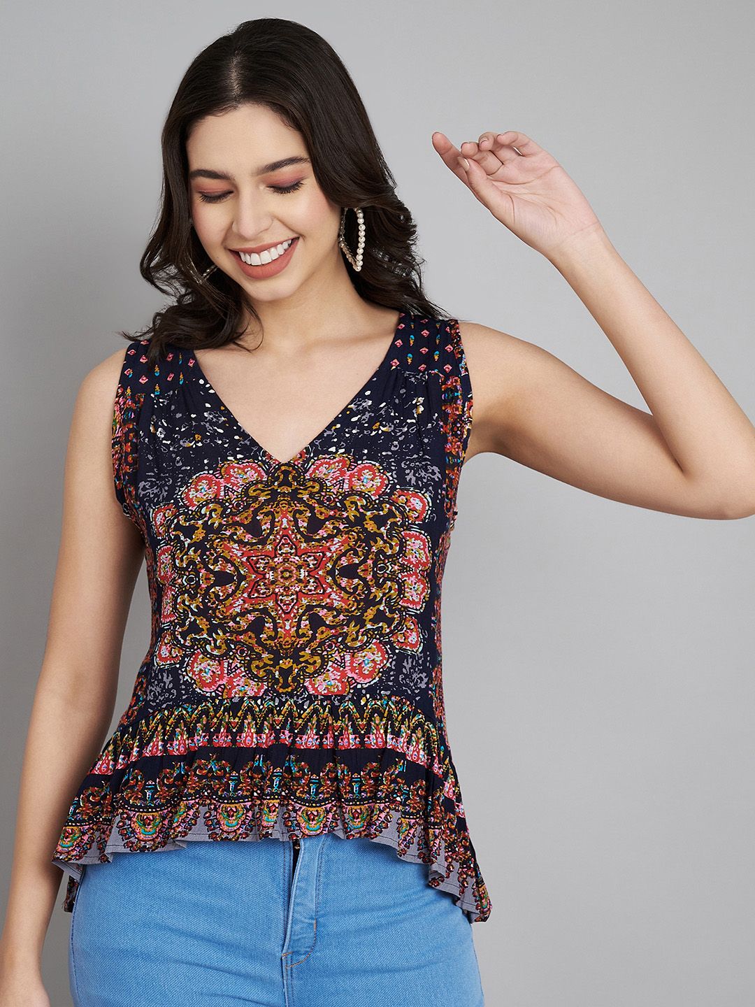 VELDRESS Floral Printed V-Neck High Low Top-picture-26