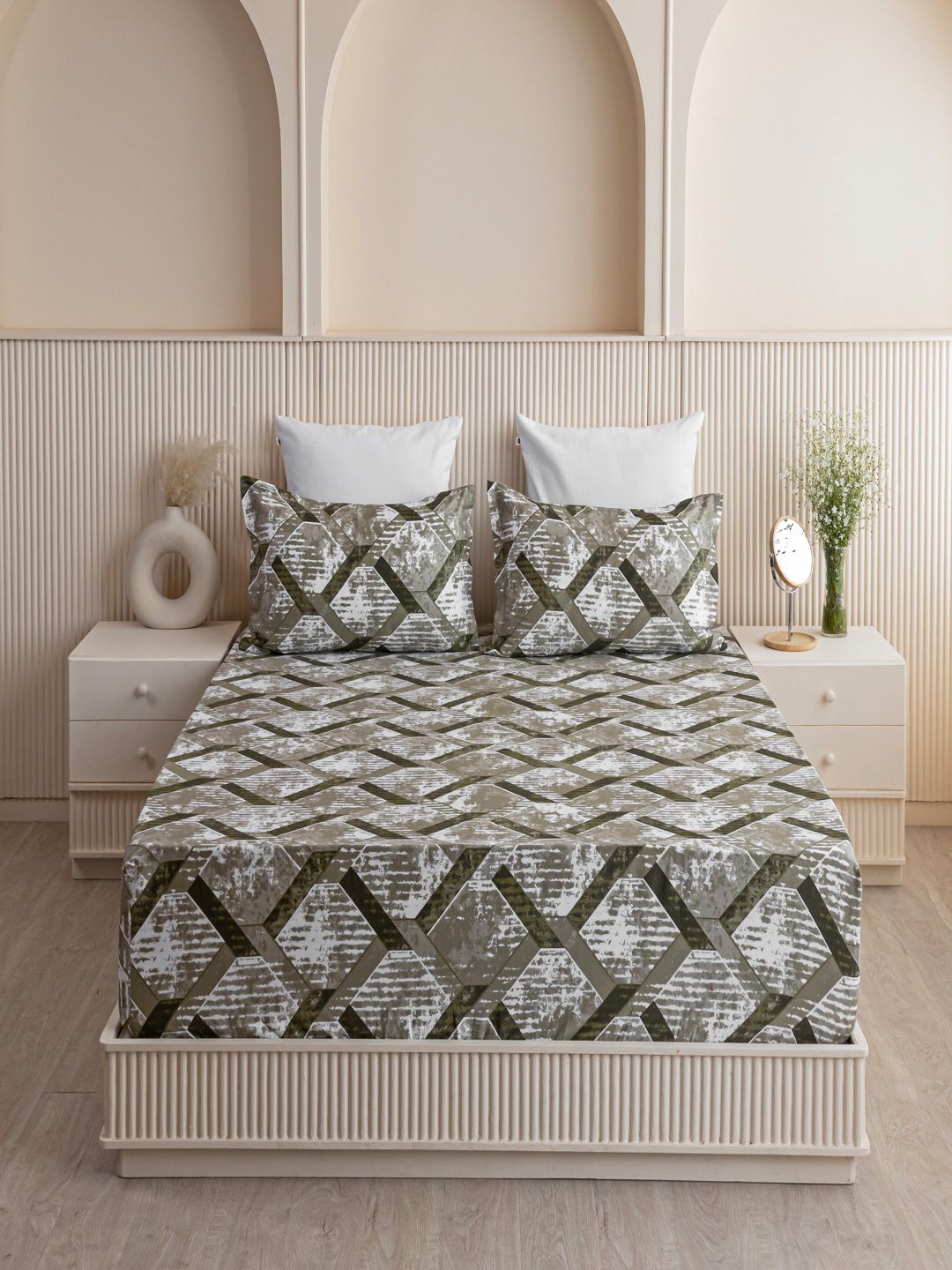 HOMEMONDE Green & White Printed Cotton 210 TC Fitted Single Bedsheet with 1 Pillow Cover-picture-12