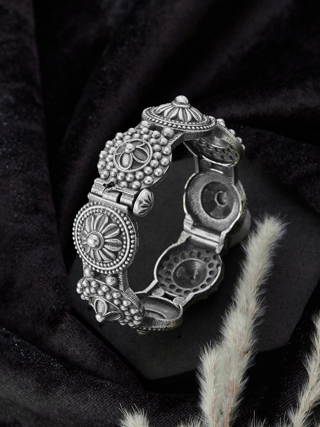 ATIBELLE German Silver-Plated & Floral Shaped Textured Kada Bangle-picture-21