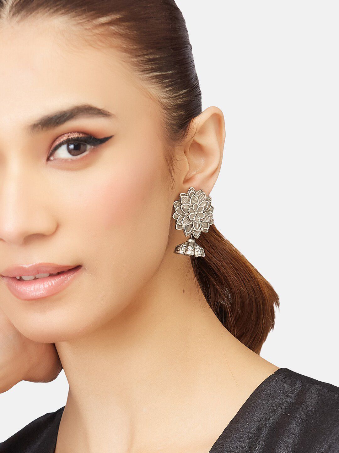 ATIBELLE Silver-Plated Contemporary Oxidised Jhumkas