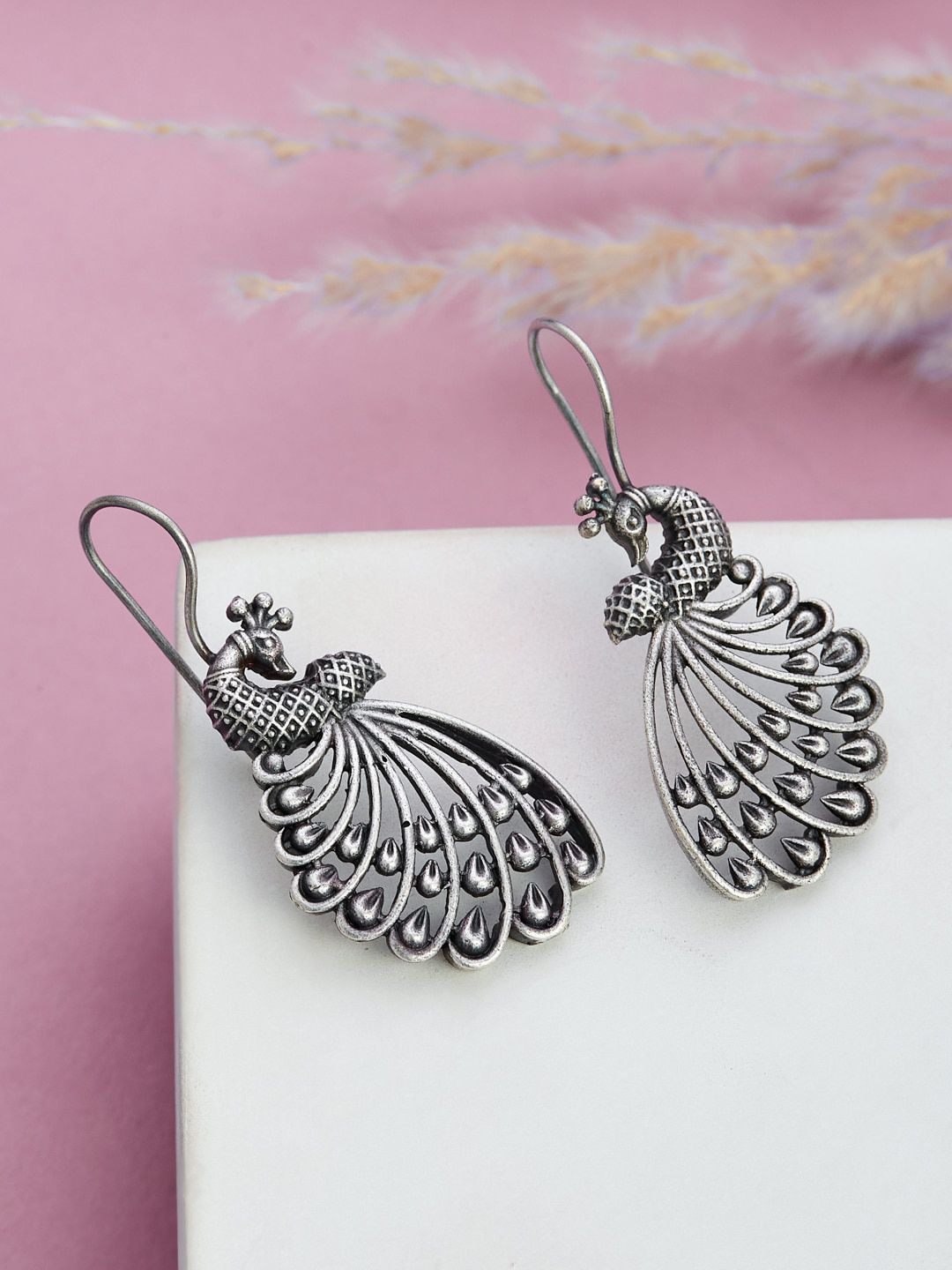 ATIBELLE Silver-Plated Peacock Shaped Drop Earrings
