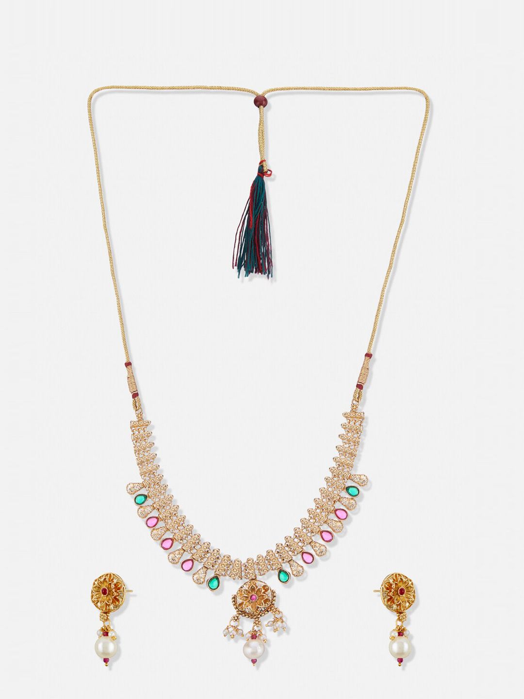 ATIBELLE Gold-Plated Stone-Studded & Pearl-Beaded Jewellery Set