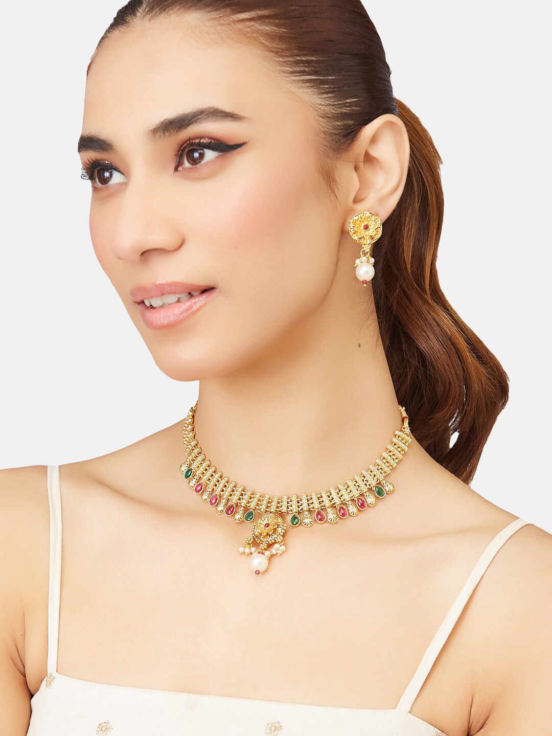 ATIBELLE Gold-Plated Stone-Studded & Pearl-Beaded Jewellery Set