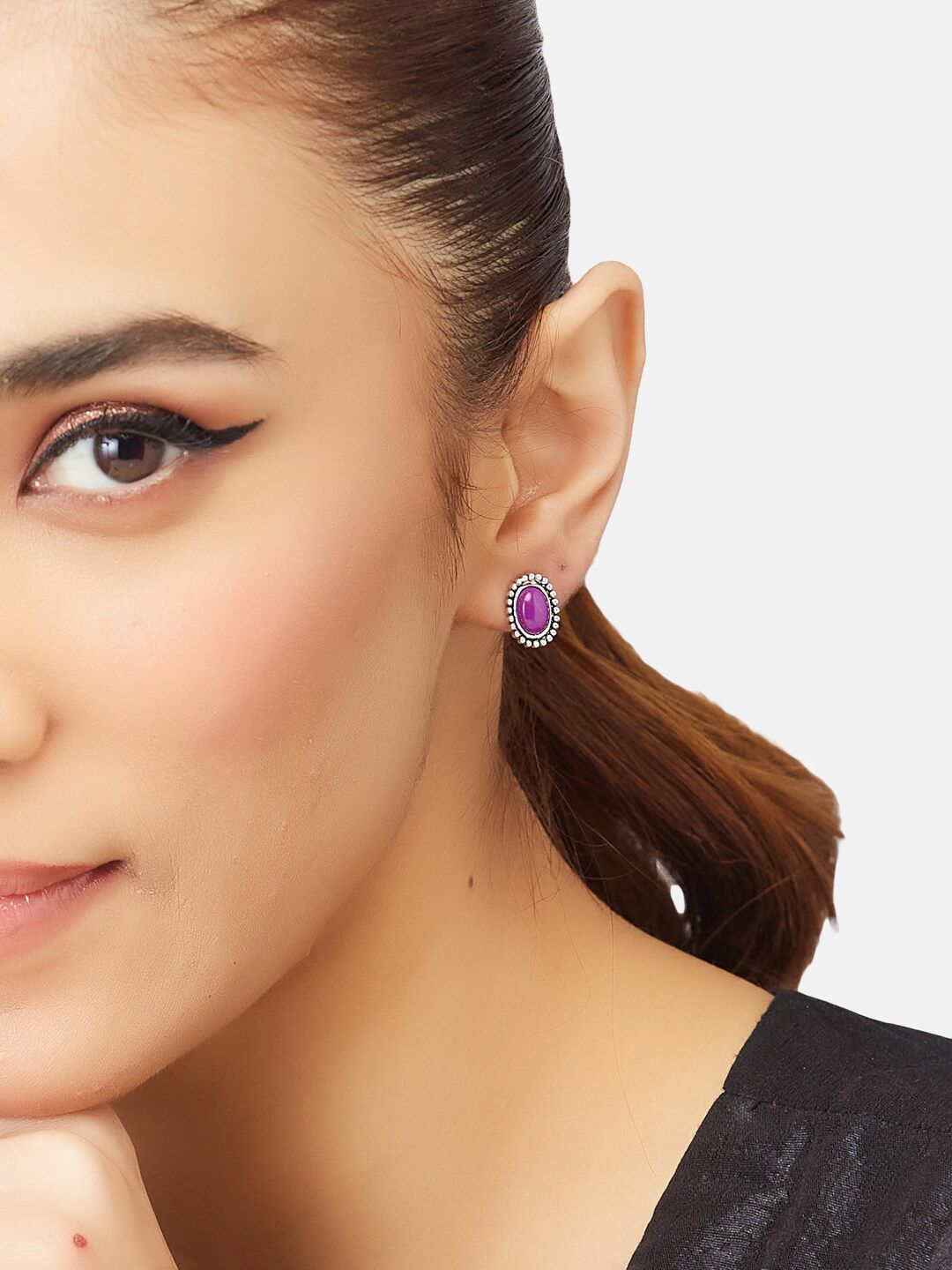ATIBELLE Set Of 5 Silver-Plated Stone-Studded & Beaded Contemporary Studs Earrings