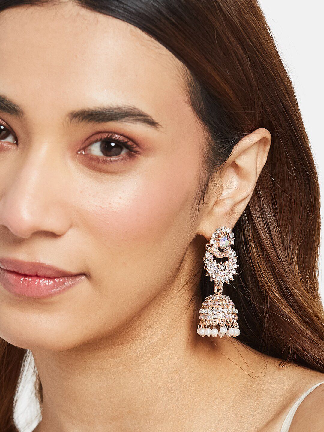 ATIBELLE Rose Gold-Plated Stone-Studded & Beaded Contemporary Jhumkas