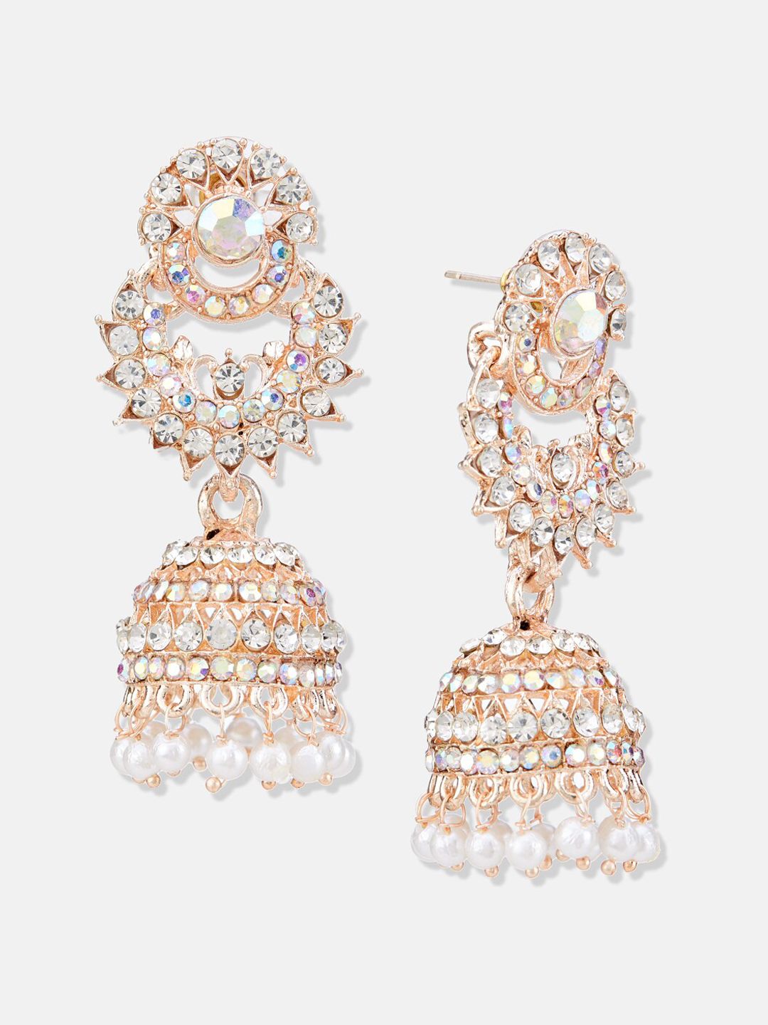 ATIBELLE Rose Gold-Plated Stone-Studded & Beaded Contemporary Jhumkas