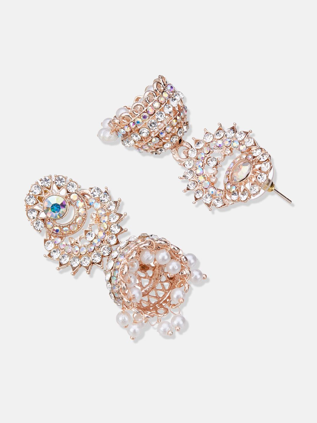 ATIBELLE Rose Gold-Plated Stone-Studded & Beaded Contemporary Jhumkas