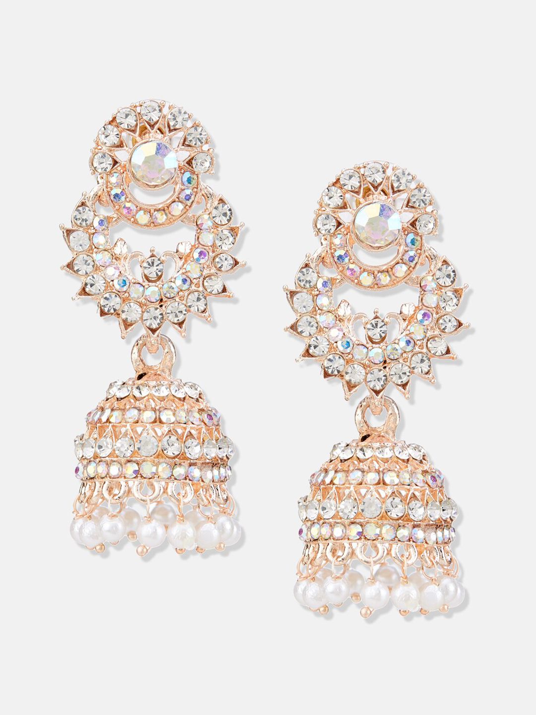 ATIBELLE Rose Gold-Plated Stone-Studded & Beaded Contemporary Jhumkas