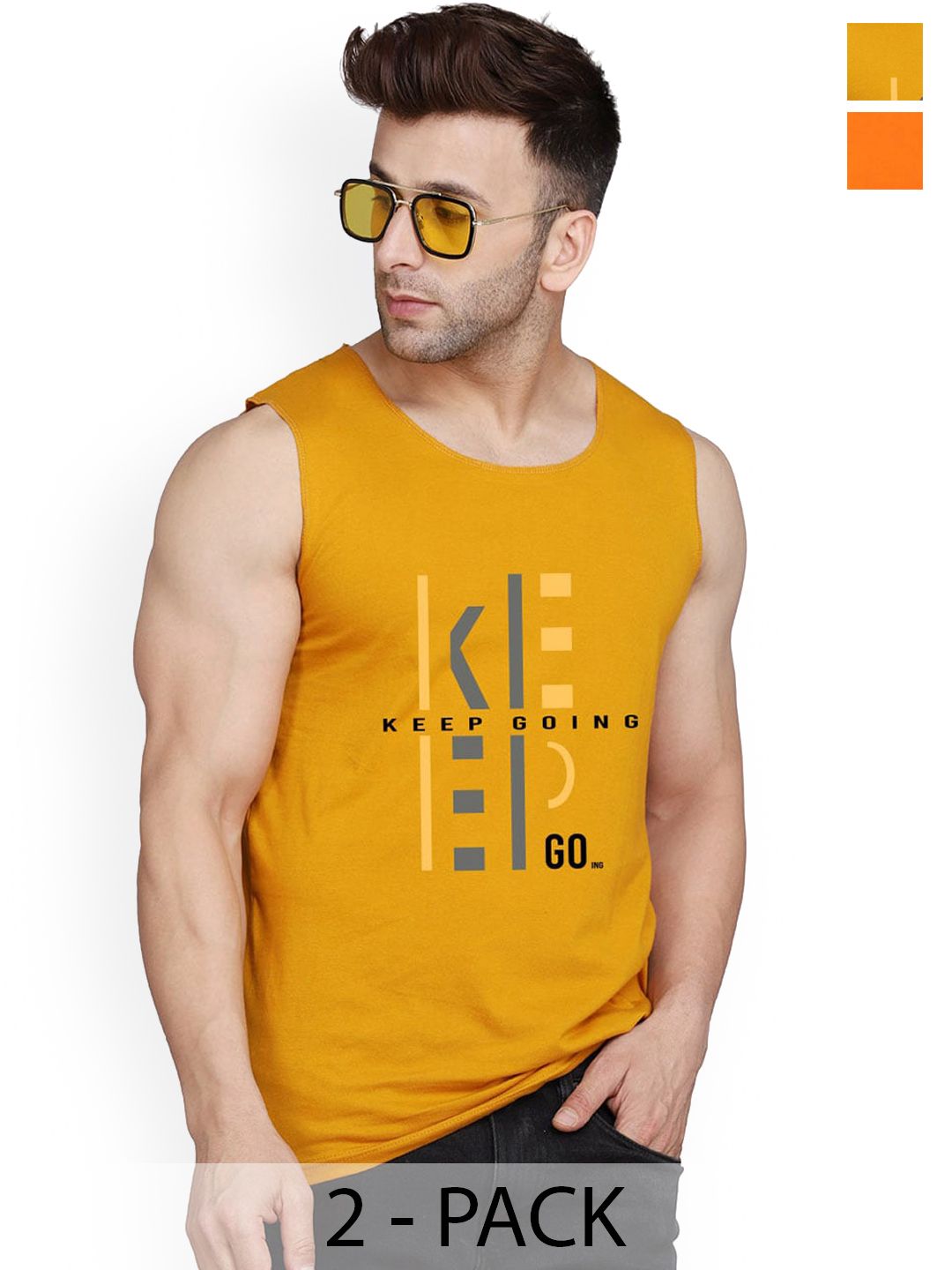 SLOWLORIS Pack Of 2 Cotton Bio-Washed Gym Vests - SL26 ( MUSTARD KEEP ) ( ORANGE NVR )-picture-58