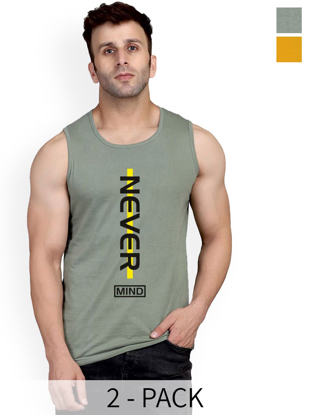 SLOWLORIS Pack Of 2 Printed Bio-Washed Gym Vests SL26 ( MUSTARD KEEP ) ( LGTGREEN NVR-picture-22