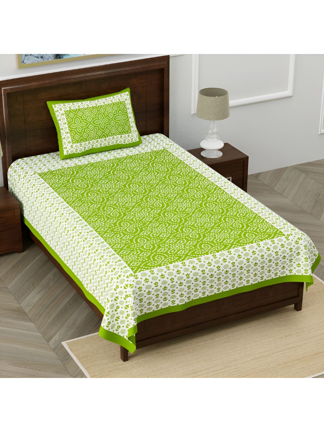 POORAK Green & White Ethnic Motifs Cotton104 TC Single Bedsheet with 1 Pillow Covers-picture-39