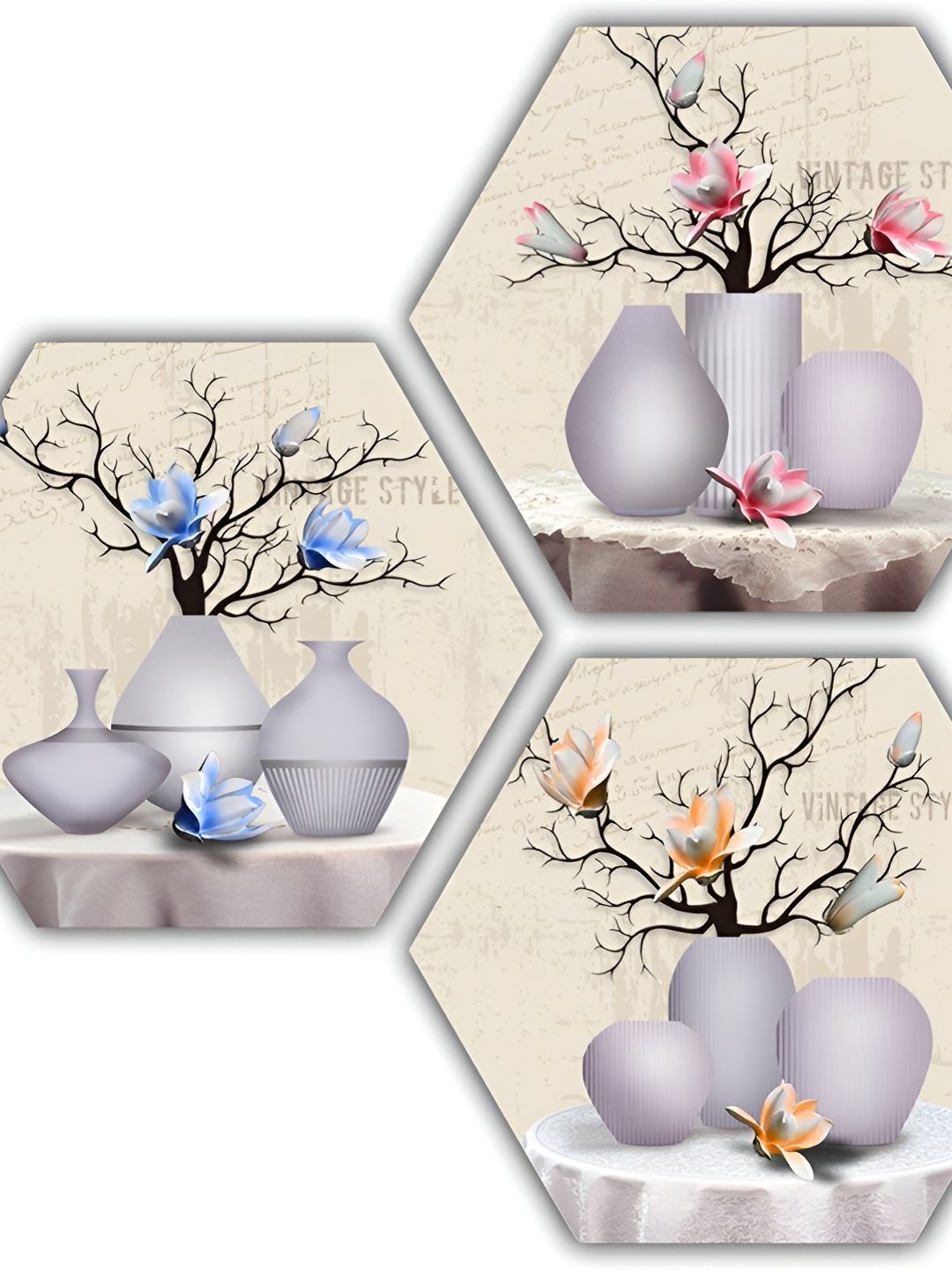 PnF Beige & Blue 3 Piece Floral and Botanical Wooden Painting Wall Art-picture-18