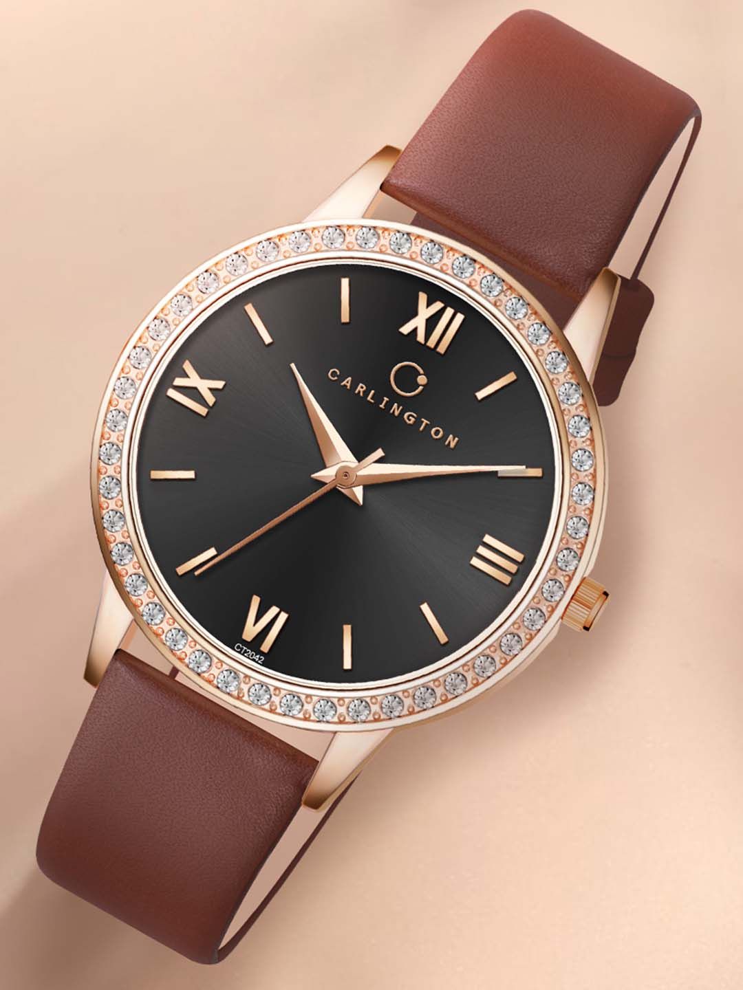 CARLINGTON Women Embellished Dial Analogue Chronograph Watch Iconic 2042 Brown-image-16