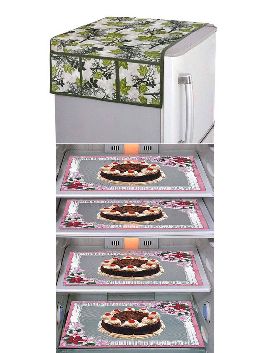 Dakshya Industries Brown & Green 5 Pieces Printed Fridge Cover & Mats-image-14