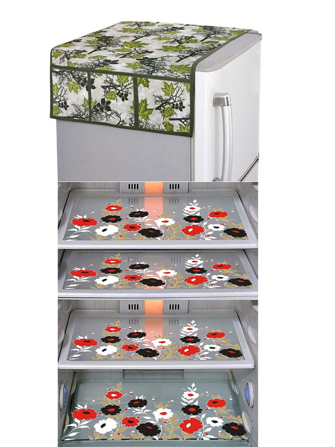 Dakshya Industries Green & Red 5 Pieces Printed Fridge Cover & Mats-picture-41