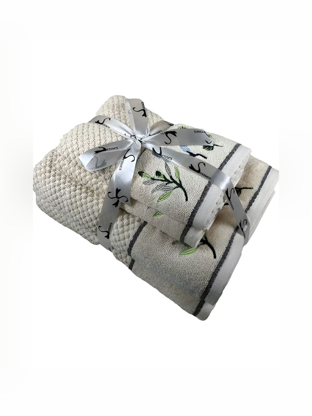 SENSES Cream-Coloured & Green 4 Pieces Cotton Towel Set-picture-40