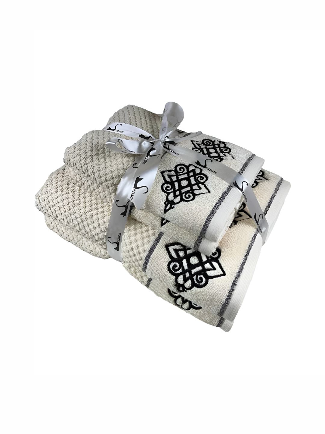 SENSES Cream-Coloured & Black 4 Pieces Cotton Towel Set-picture-36