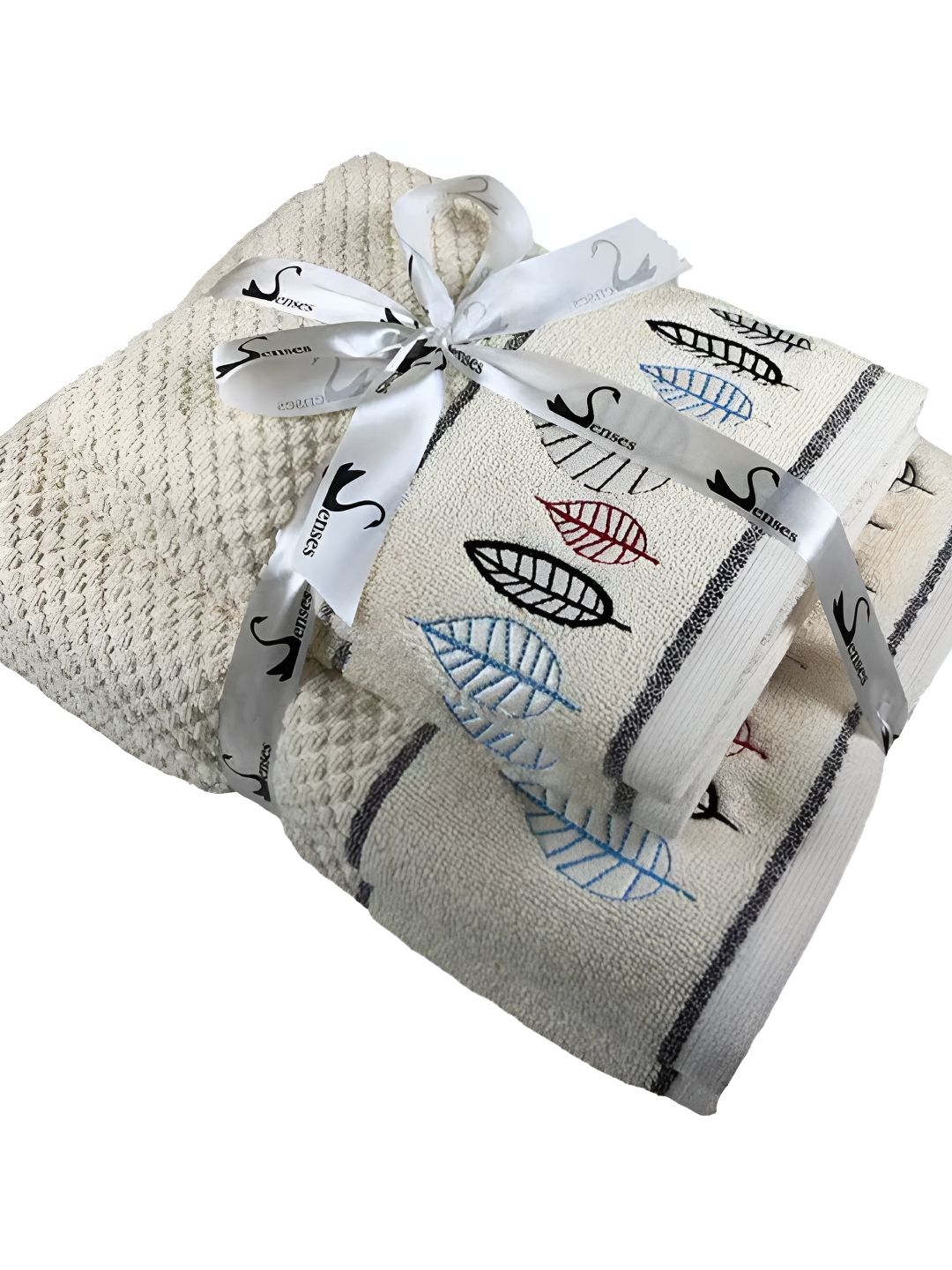 SENSES Cream-Coloured & Black 4 Pieces Cotton Towel Set-picture-35