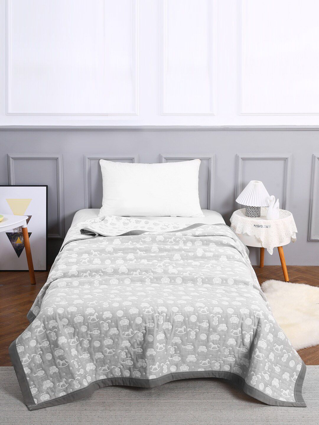 URBAN DREAM Grey & White Printed Cotton Single Bed Covers-image-31