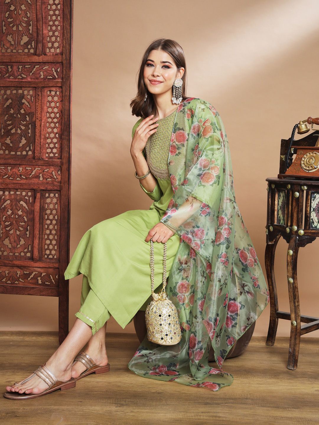 VredeVogel Ethnic Motifs Embroidered Sequinned Kurta with Trousers & Dupatta