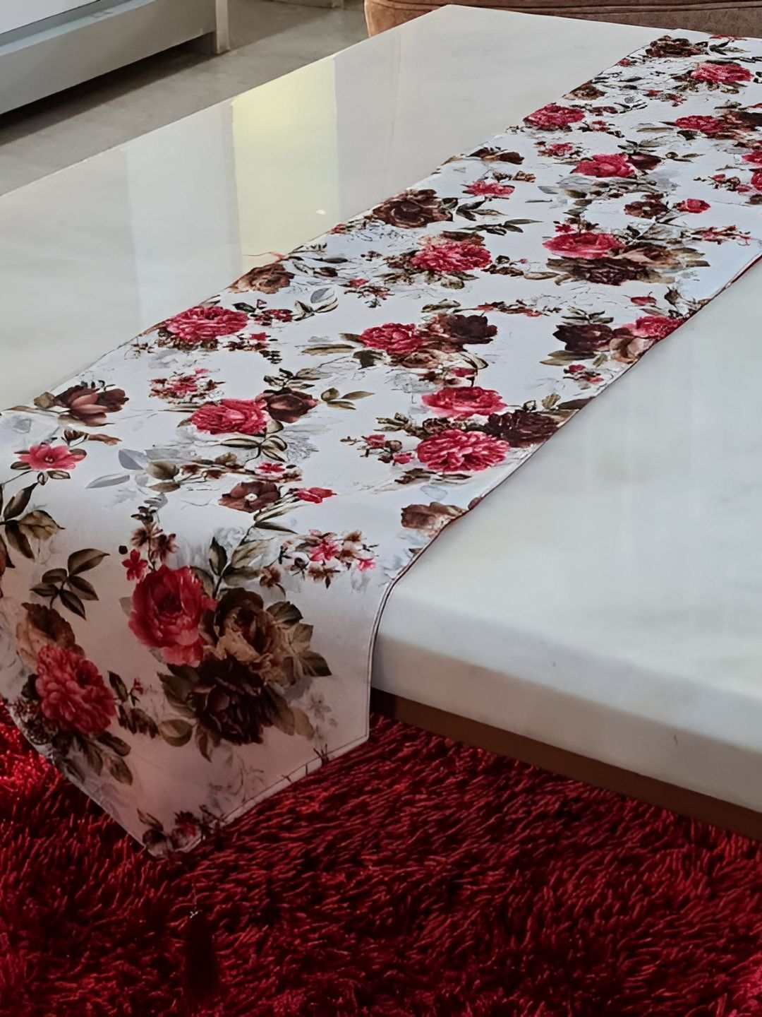 GROKI Red & White Floral Printed Cotton Table Runner