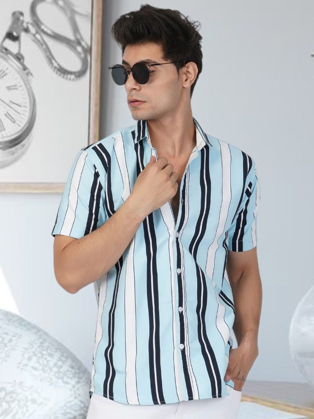 BASE 41 Spread Collar Slim Fit Striped Casual Cotton Shirt-picture-16