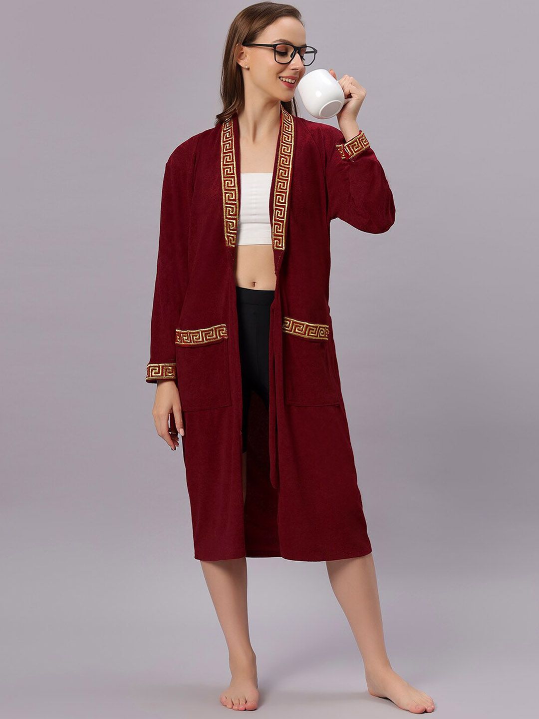 LacyLook Women Maroon & Yellow Embroidered Water Absorbent Bathrobe-picture-16