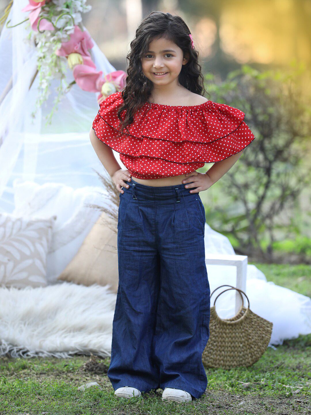 Cutiekins Girls Polka Dots Printed Off Shoulder Ruffles Blouson Crop Top