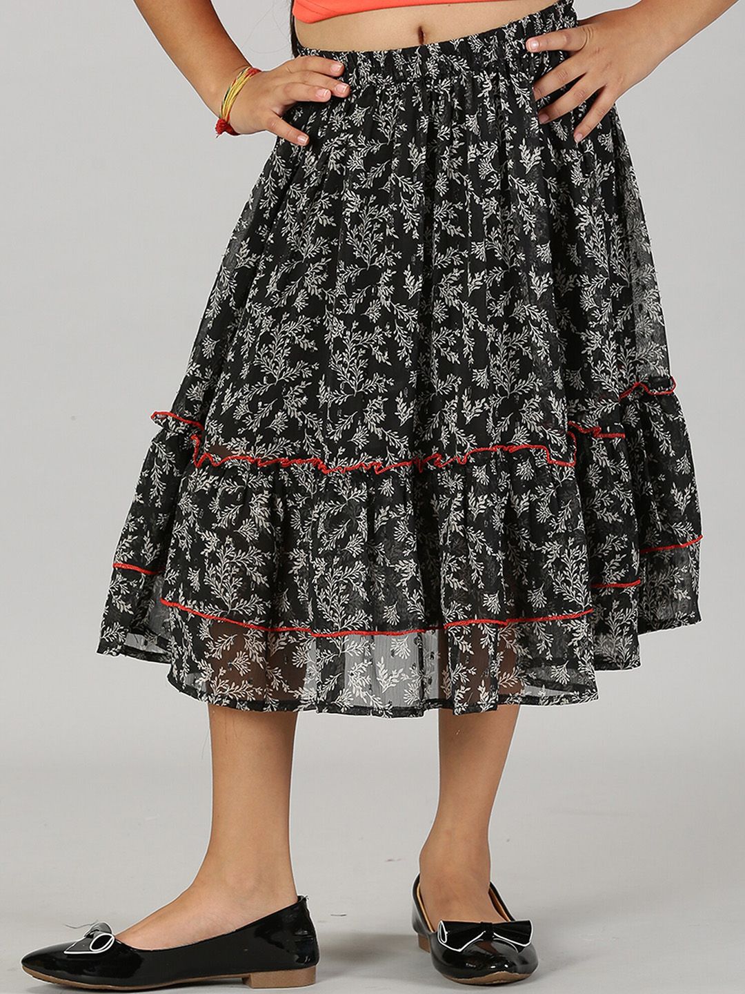KiddoPanti Girls Floral Printed Frill Layered Flared Midi Skirt-image-9