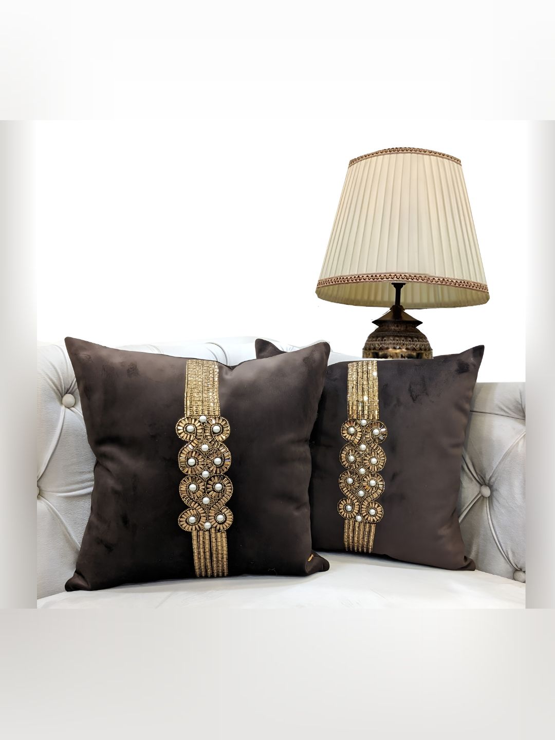 Good Vibes Brown & Gold Toned Embellished Velvet Square Cushion Covers-image-22