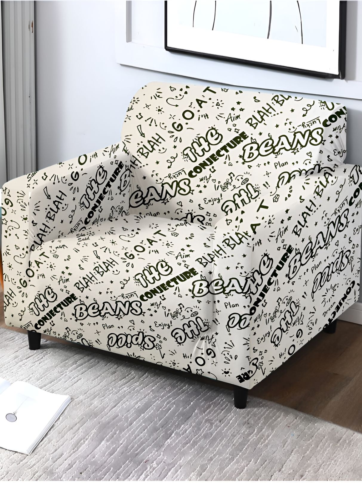 Cortina Off White & Black Printed Single Seater Sofa Cover-image-45
