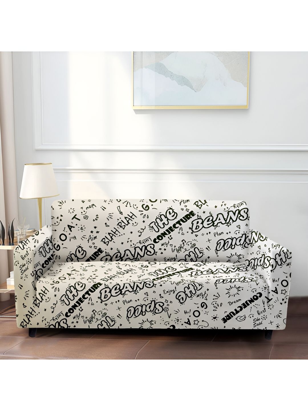 Cortina Off White & Black Printed Sofa Cover-image-44
