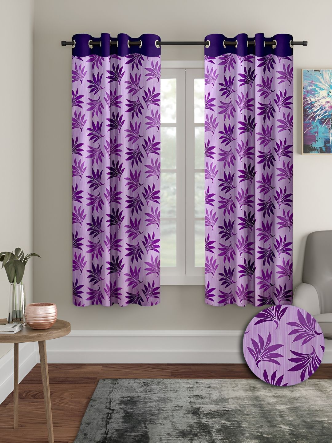 Aura Lavender 2Pcs Floral Window Eyelet Curtains-image-1