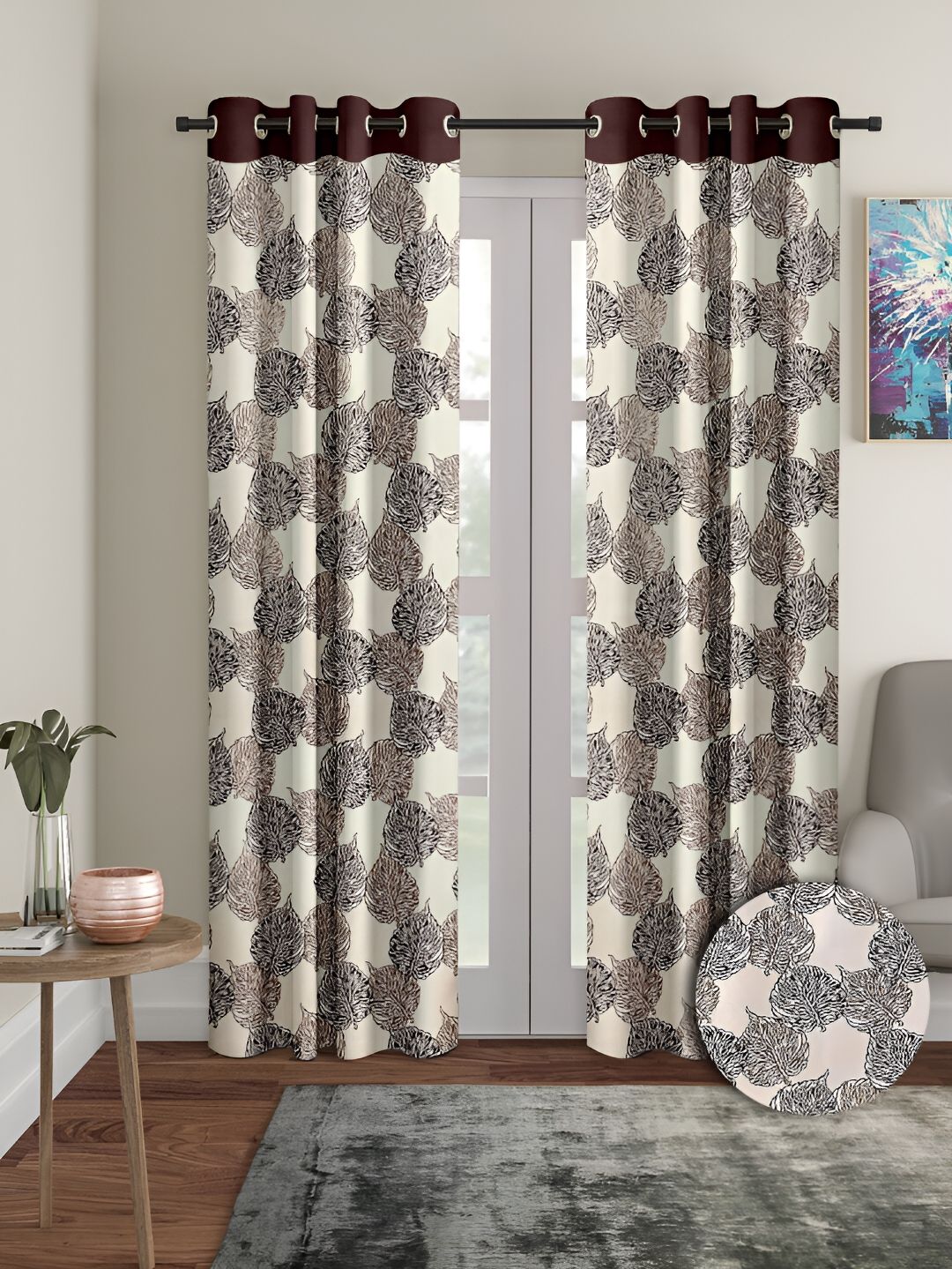 Aura Brown & Beige 2 Pieces Floral Door Curtains-picture-15