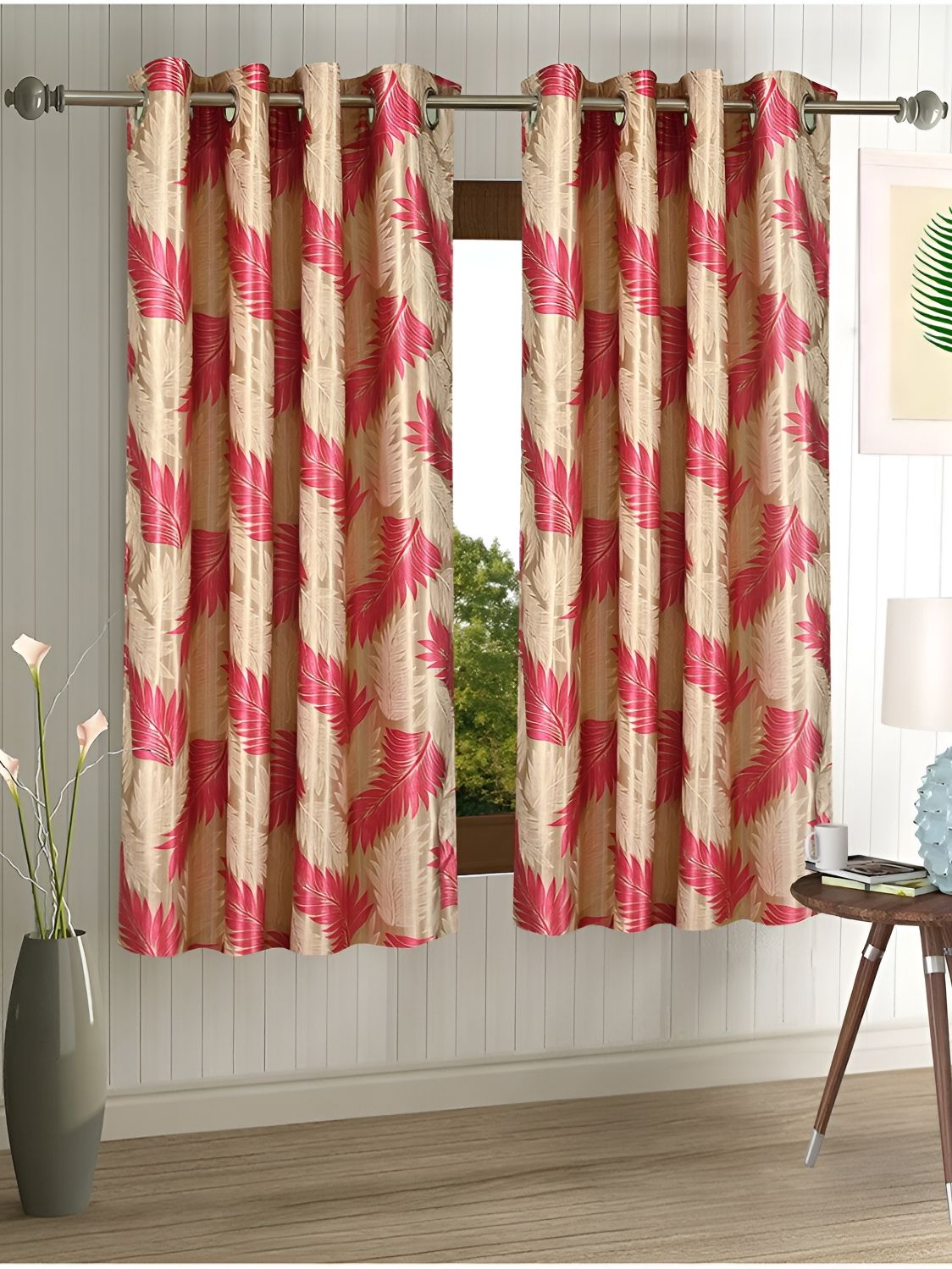 Aura Red & Beige 2 Pieces Floral Eyelet Window Curtains-image-37