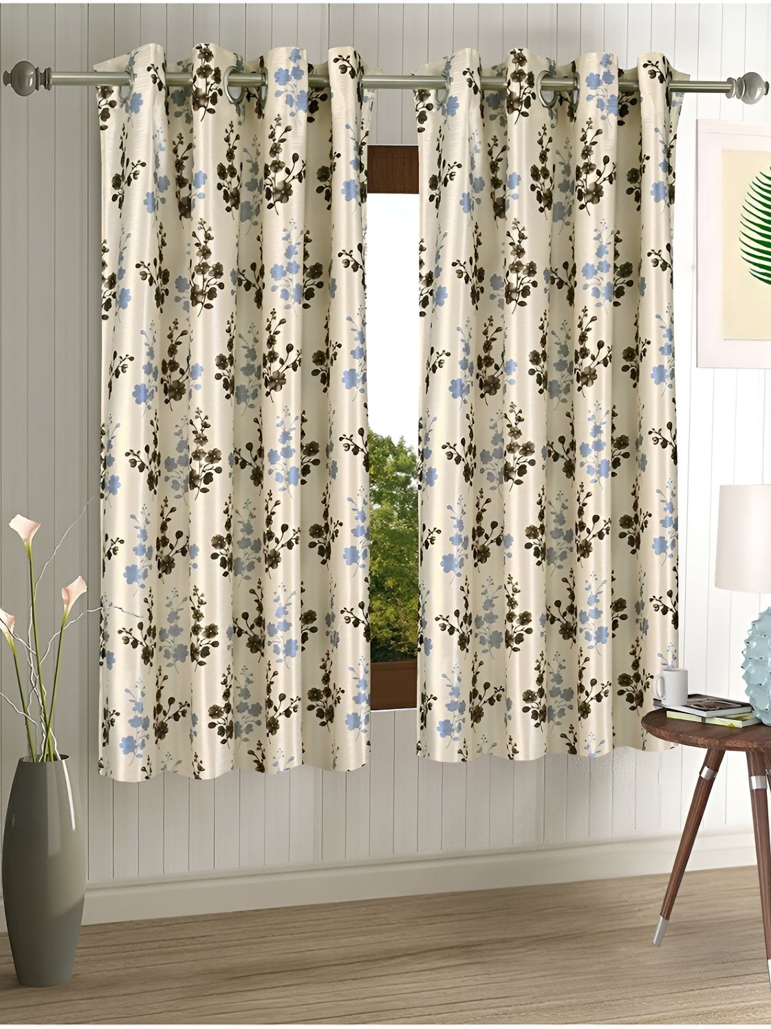 Aura Cream & Brown 2 Pieces Floral Regular Window Curtains-image-9