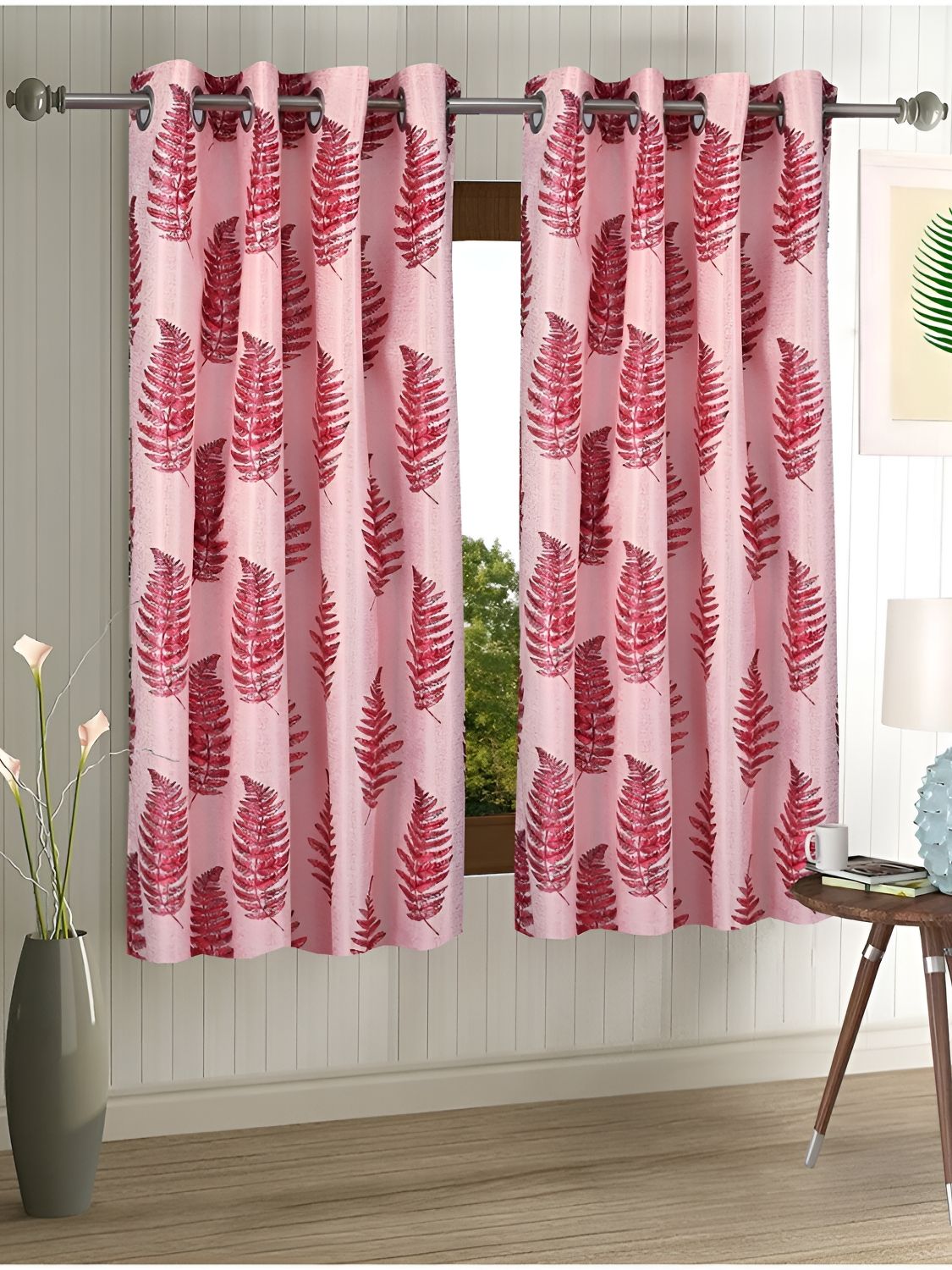 Aura Pink 2 Pieces Floral Printed Eyelet Window Curtains-picture-50