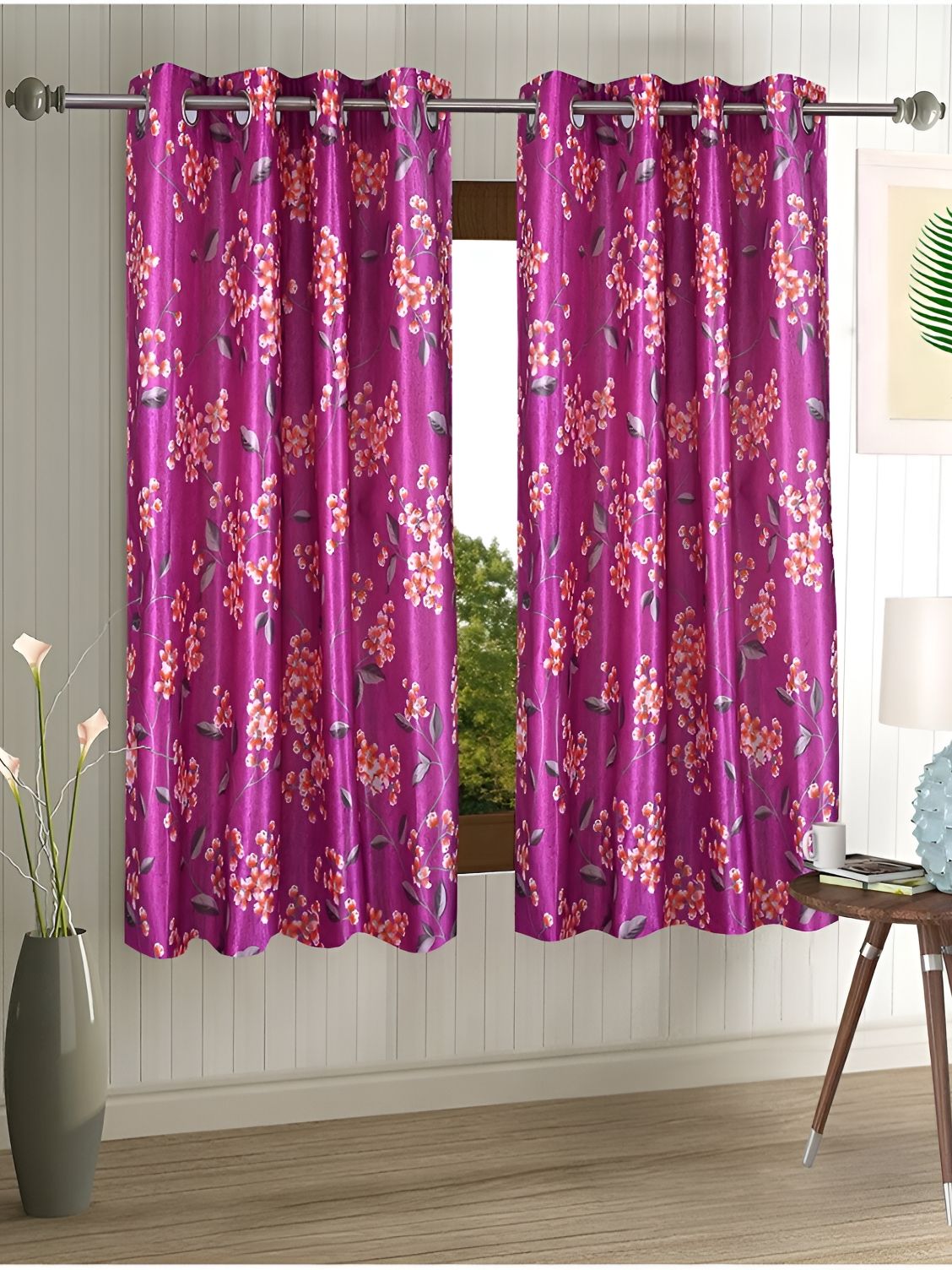 Aura Purple & Orange 2 Pieces Floral Regular Window Curtains-image-45