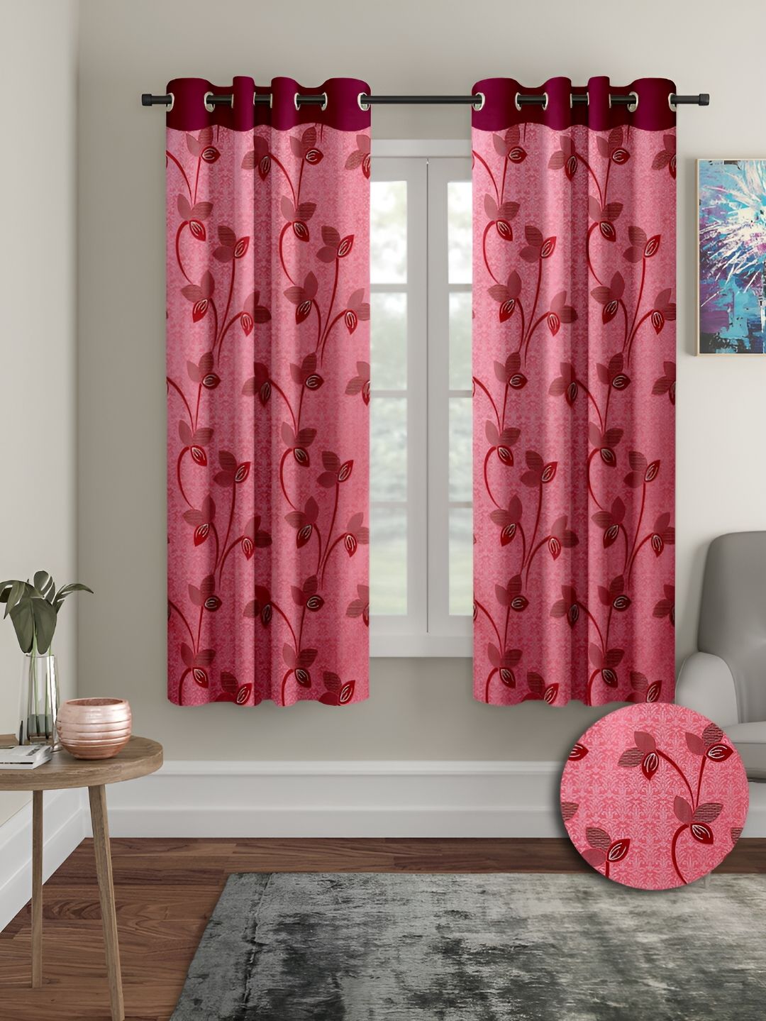 Aura Pink & Red 2 Pieces Floral Window Curtains-picture-49