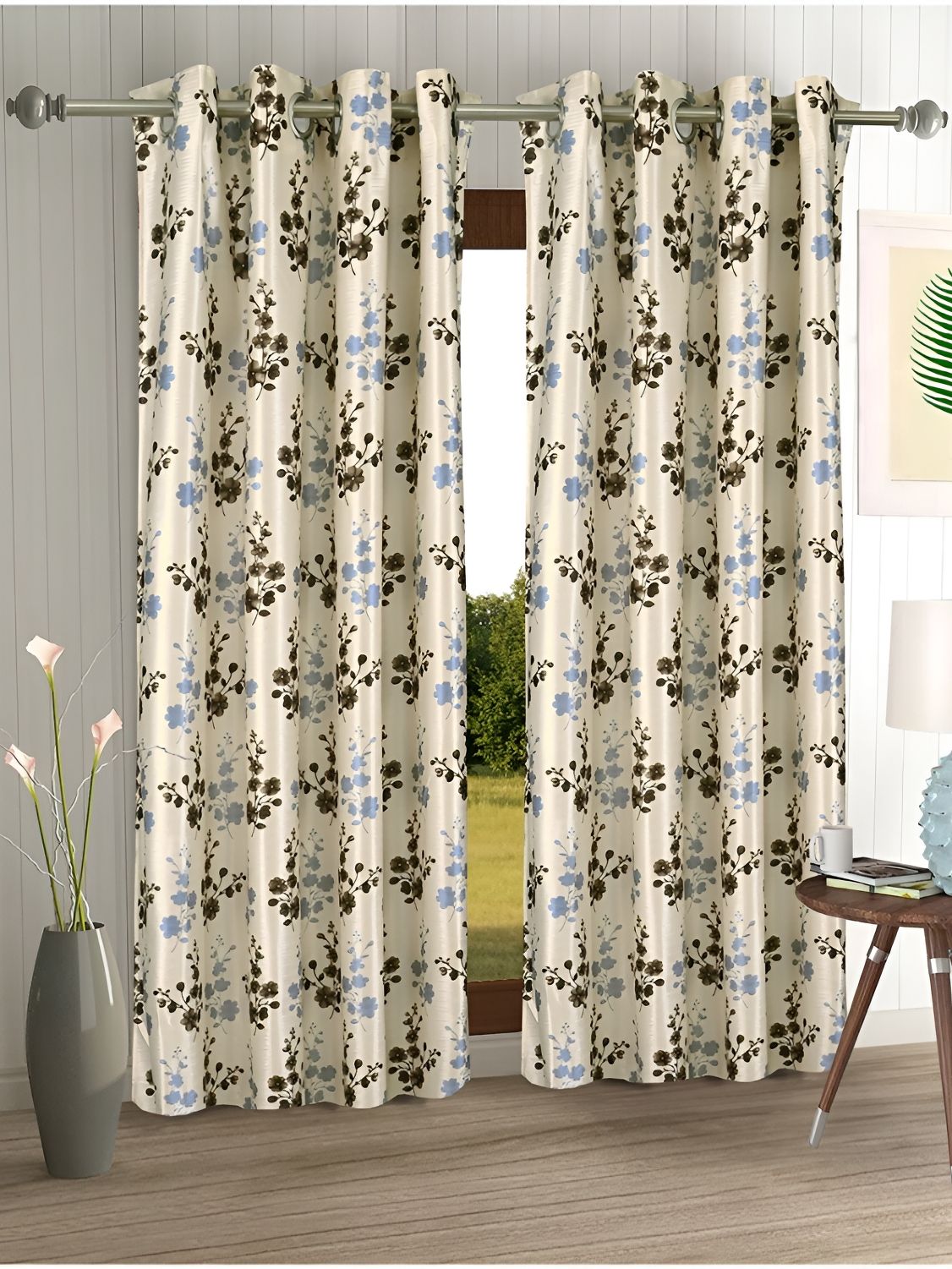 Aura Cream-Coloured & Brown 2 Pieces Floral Printed Eyelet Door Curtains-image-11