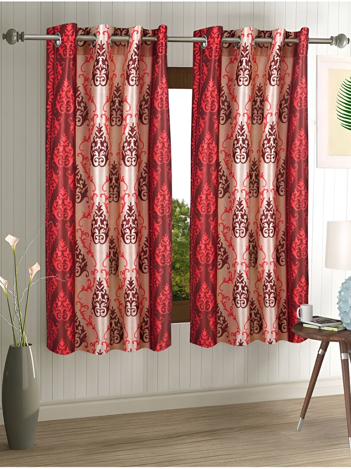 Aura Red & Beige 2 Pieces Ethnic Motifs Regular Window Curtains-picture-16