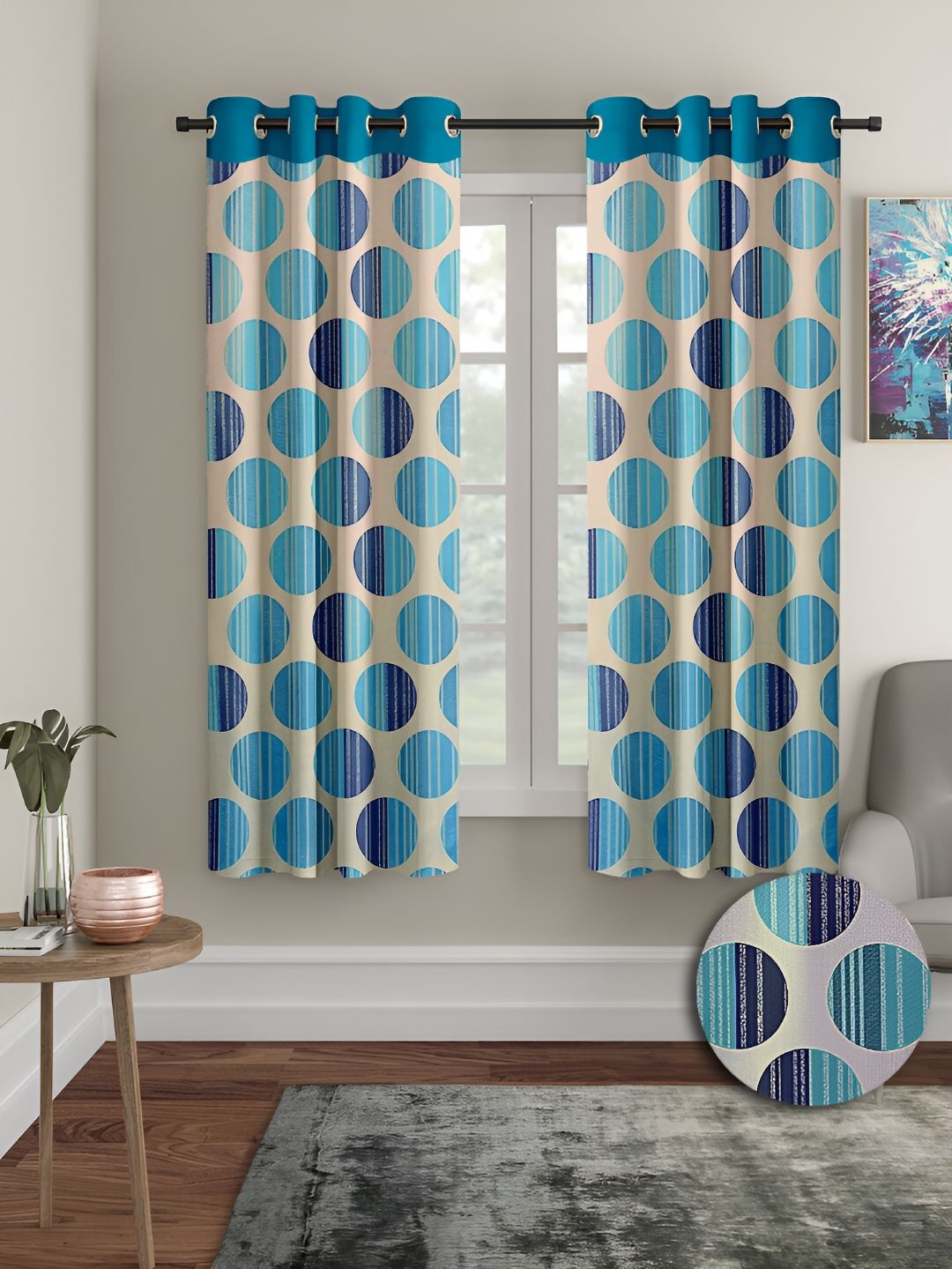 Aura Blue & Beige 2 Pieces Geometric Window Curtains-image-28