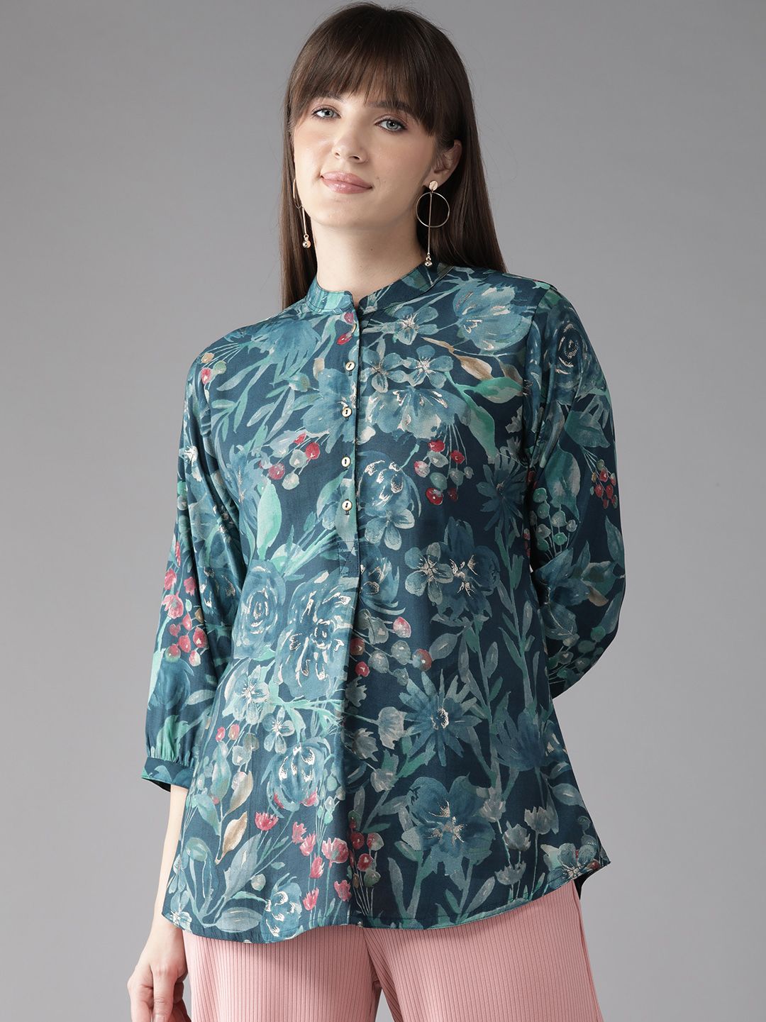 Cayman Floral Print Mandarin Collar A-Line Top-picture-10