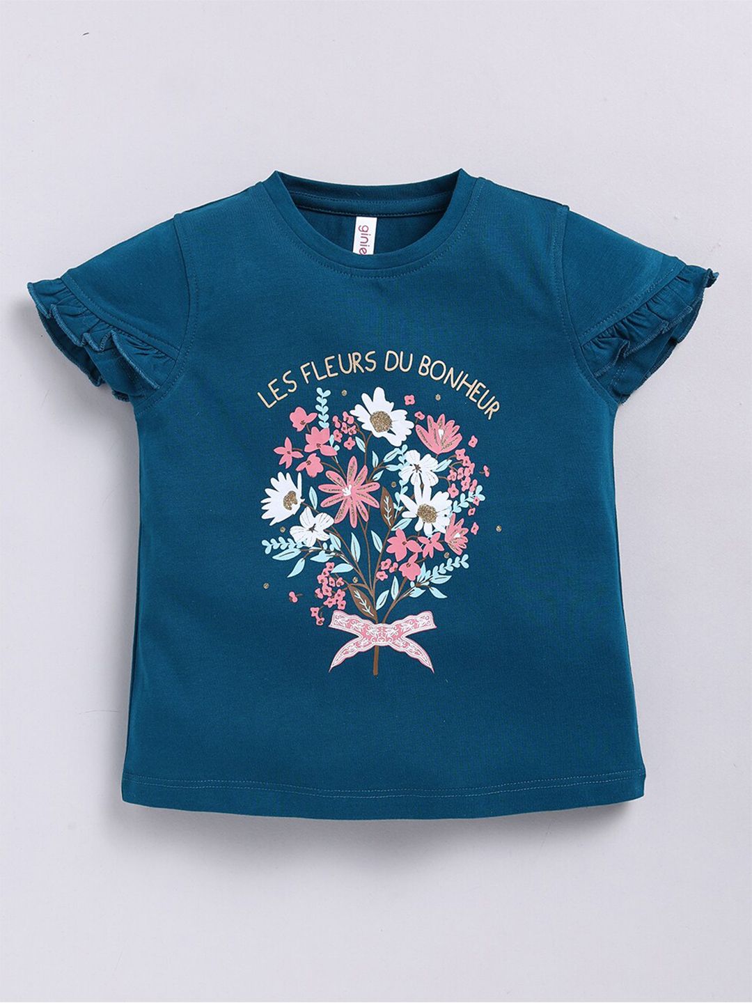 Ginie Ginie Girls Floral Printed Cap Sleeves Ruffed Top