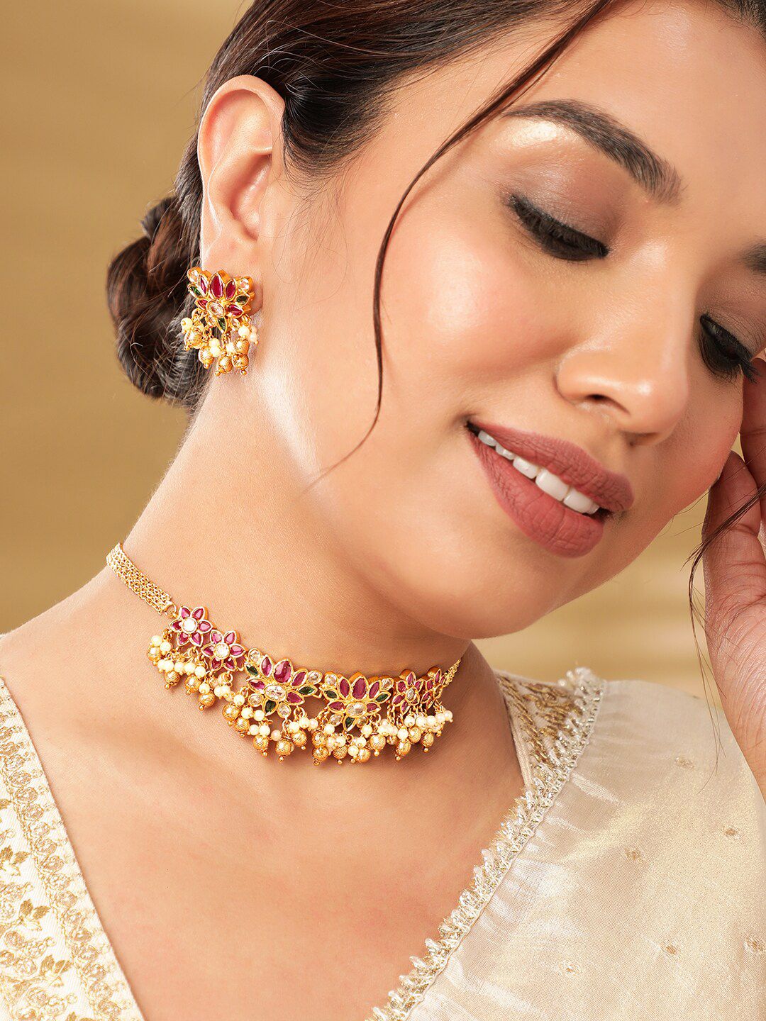 Rubans 22KT Gold-Plated Ruby & Emerald-Studded Pearl-Beaded Choker Set-image-17