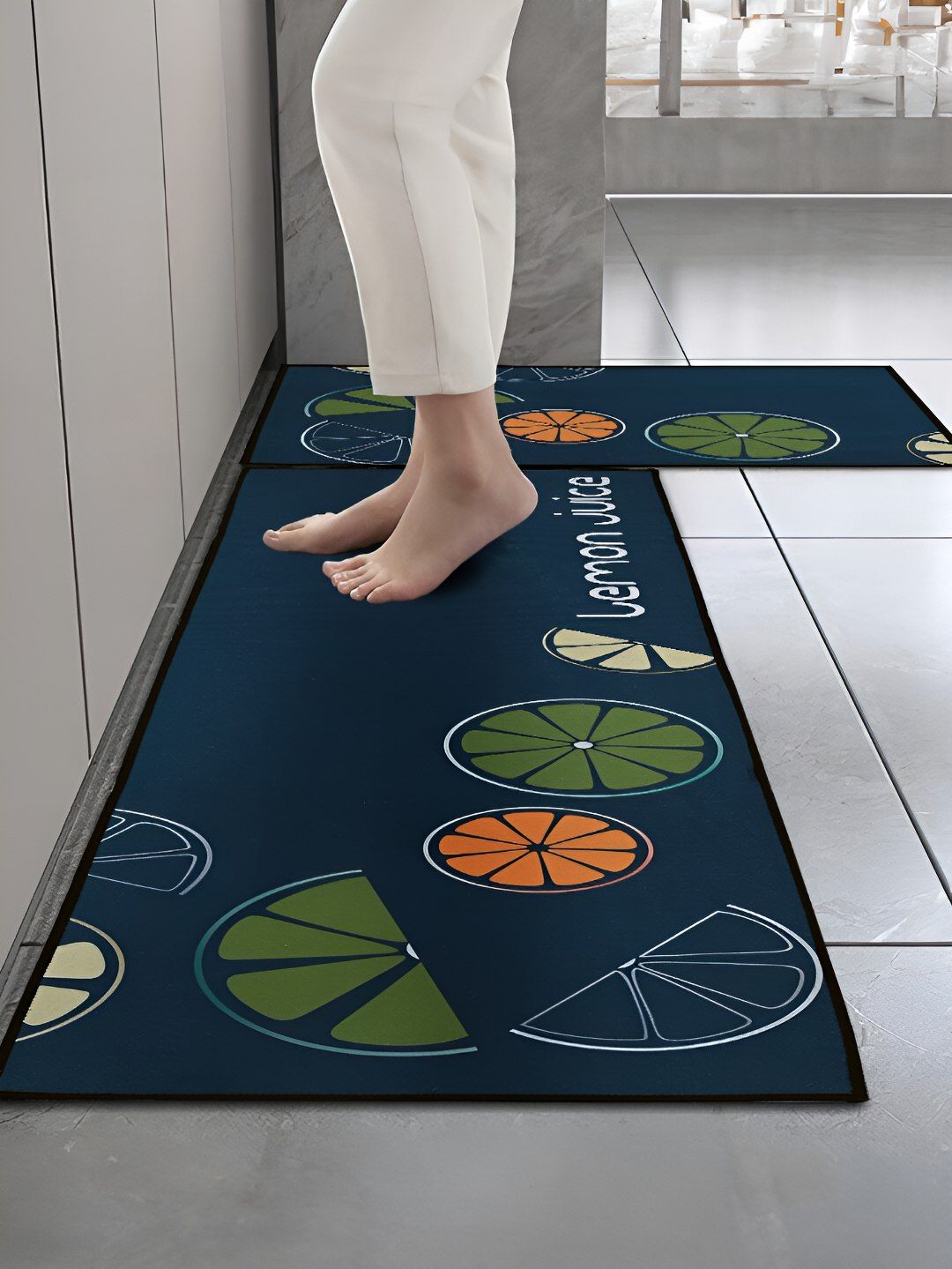Cortina Navy Blue & Green 2 Pieces Graphic Printed Rectangular Anti-Skid Kitchen Mats-image-36