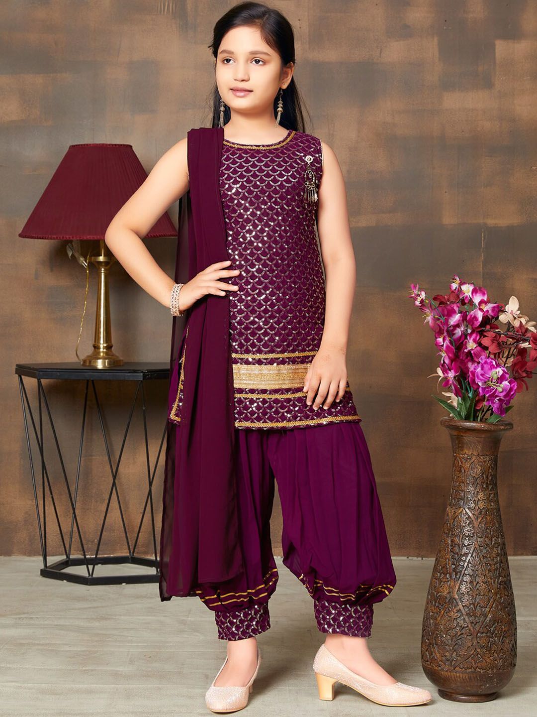 BAESD Girls Ethnic Motifs Embroidered Sequinned Georgette Kurti With Patiala & Dupatta-picture-41